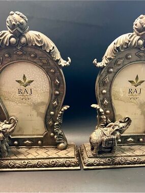 Raj Ornate Gold-Tone Elephant Pair Photo Frames